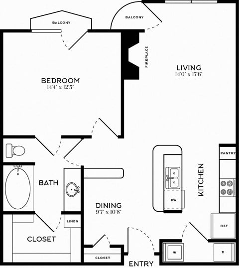 Floor plan for 1 bed, 1 bath, 883 sqft